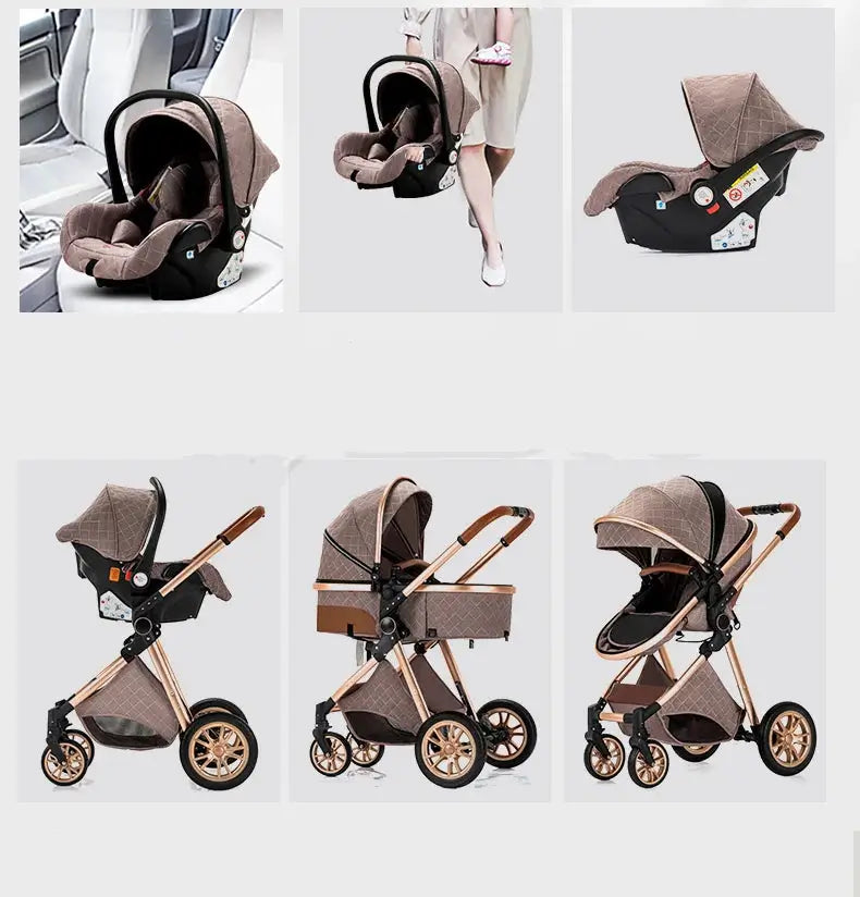 Collage of a baby stroller and car seat with various angles and settings.