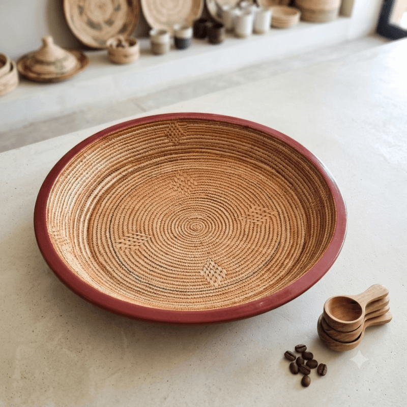 Extra-Wide Injera Serving Platter - Red Floral Design (45cm / ሰፊ ትሪ)