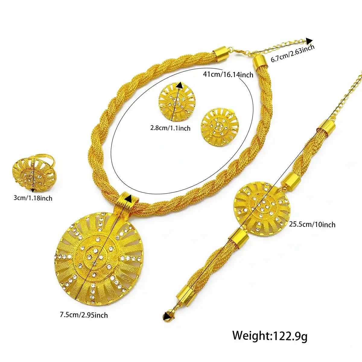Gold necklace and earrings set with measurements on a white background