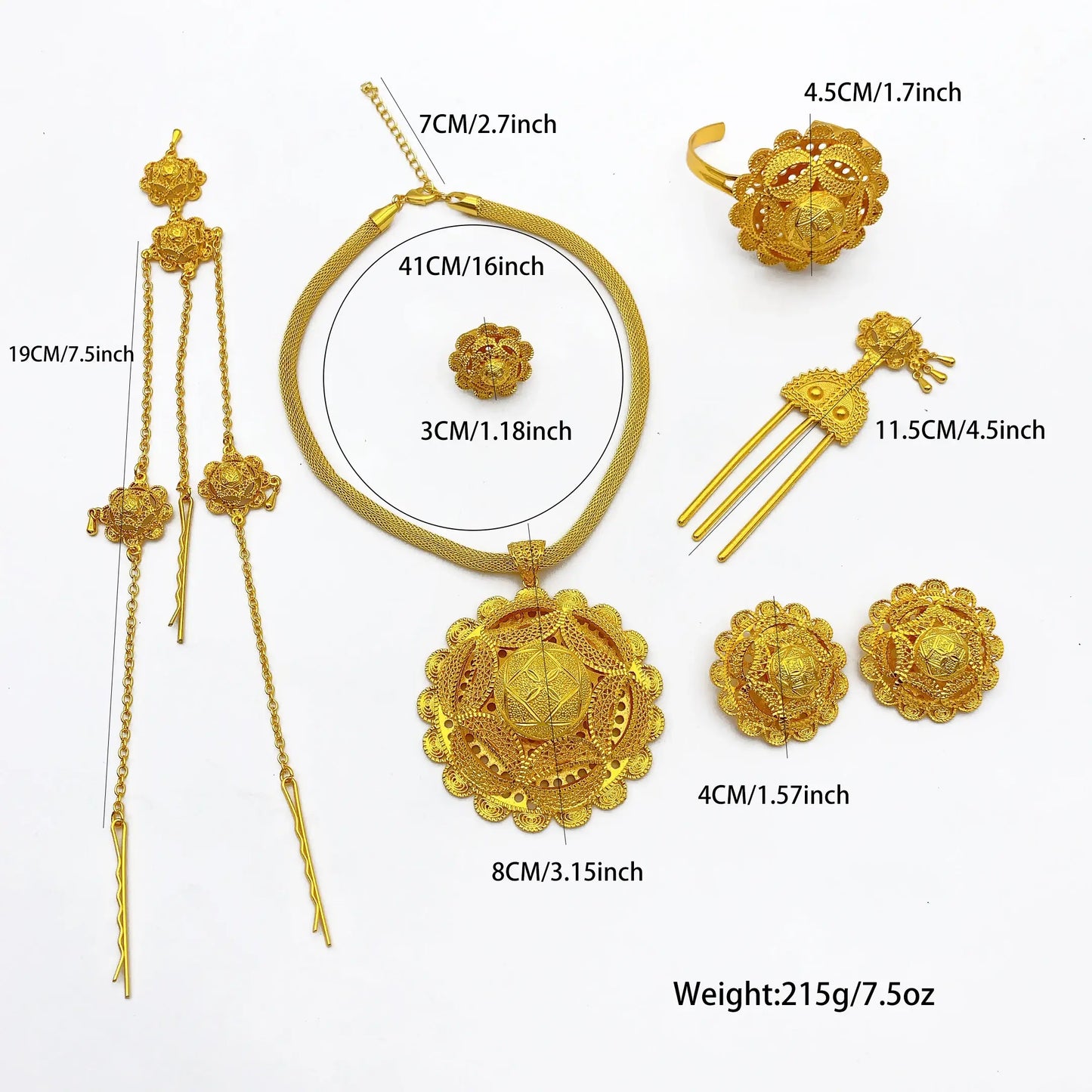 Gold jewelry set with measurements on a white background