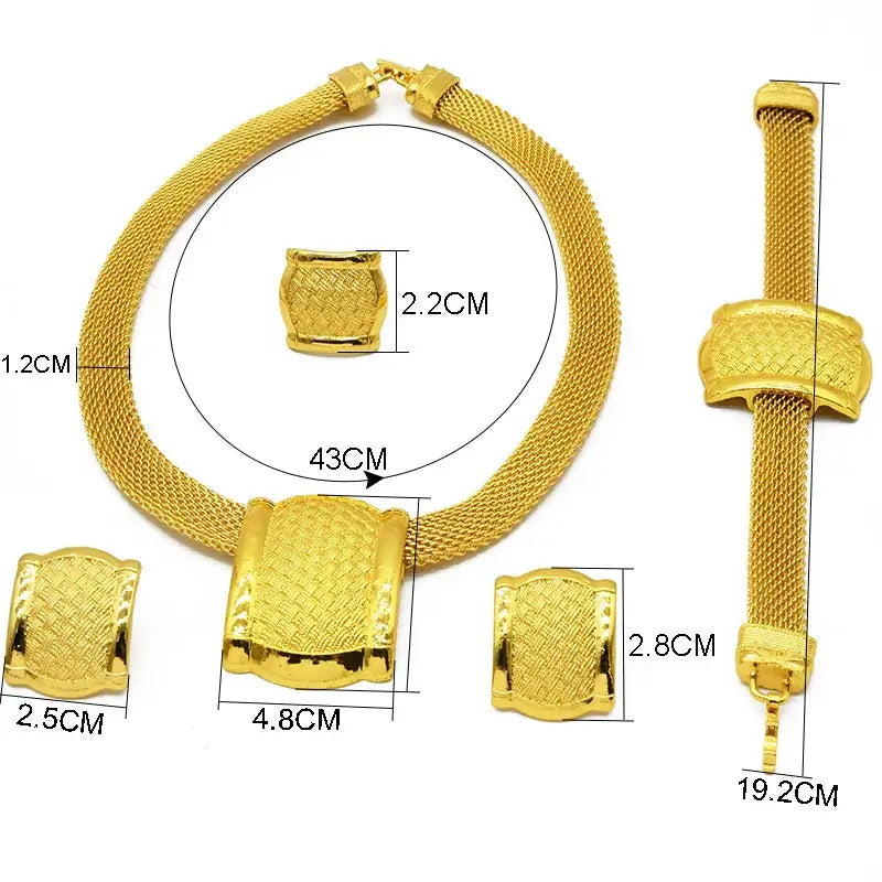 Gold jewelry set with dimensions labeled on a white background