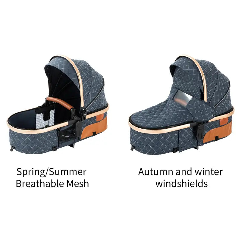 Two baby stroller bassinets with different coverings labeled for season use.