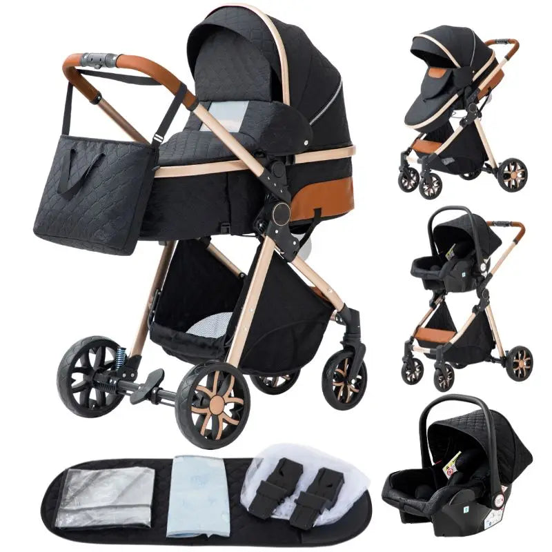 Black and beige baby stroller set with car seat and accessories on a white background