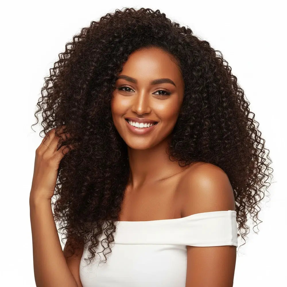Woman with voluminous curly hair wearing a white off-shoulder top on a white background