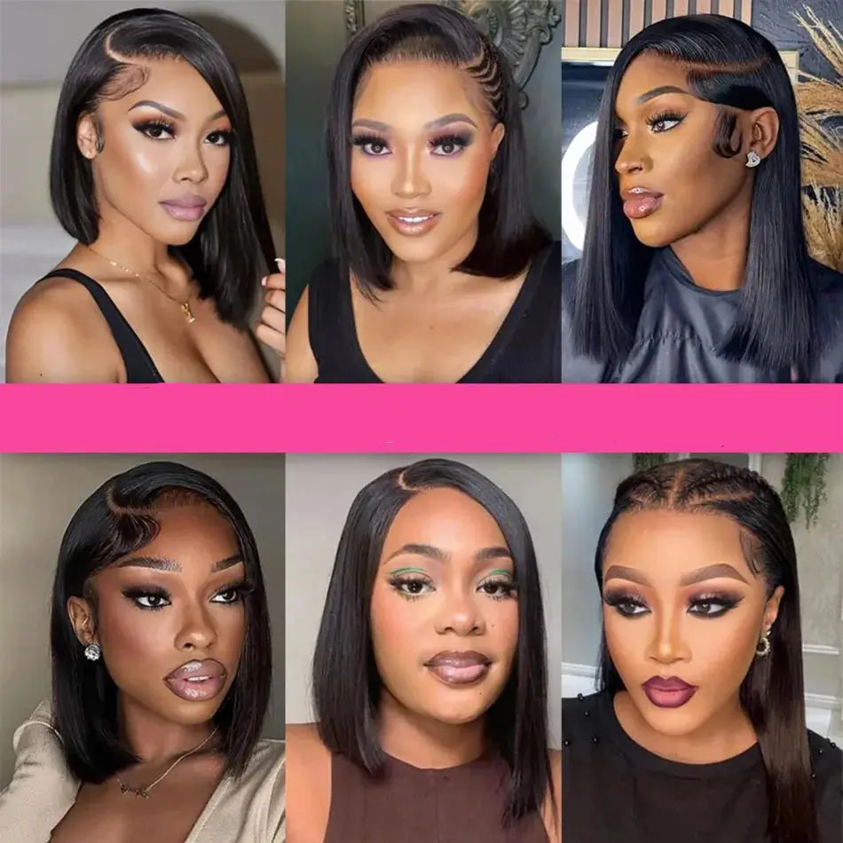 Collage of a woman with different hairstyles and makeup looks.