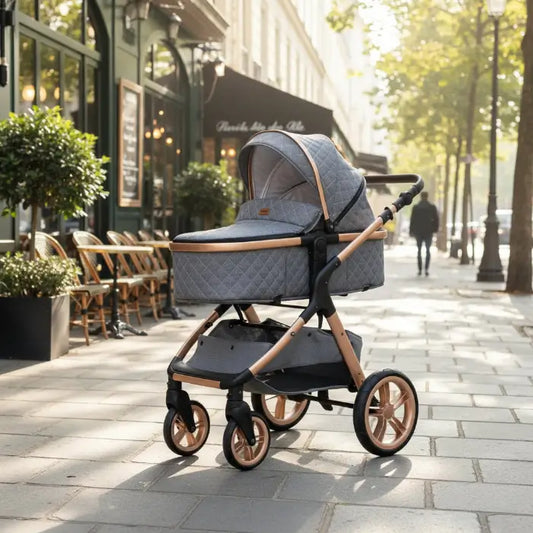 Gray and brown stroller on a city street with buildings and trees in the background
