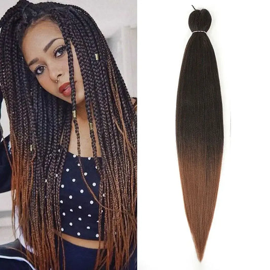 Woman with braided hair next to a hair extension on a white background
