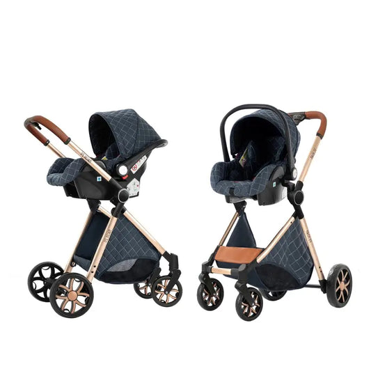 Two baby strollers with dark blue quilted cover and rose gold frame on a white background