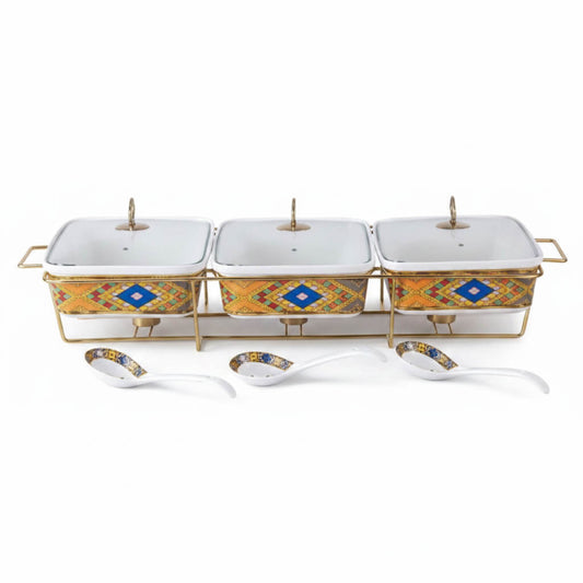 Luxury 3-Piece Ceramic Buffet Food Warmer Set (Triple 12-Inch Chafing Dishes)