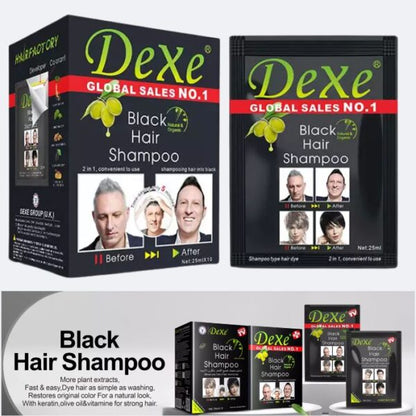 Dexe Instant Black Hair Color Shampoo - 10 Single-Use Sachets (250ml Box)