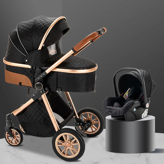 Black and rose gold baby stroller with car seat on a gray background