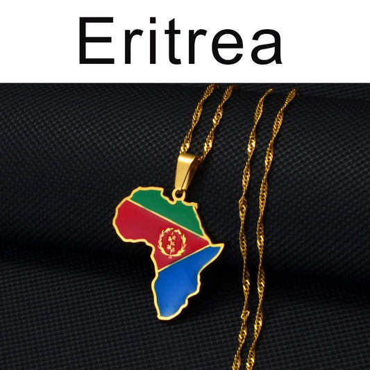 Gold necklace with a pendant shaped like the map of Eritrea on a black textured background.