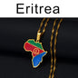 Gold necklace with a pendant shaped like the map of Eritrea on a black textured background.