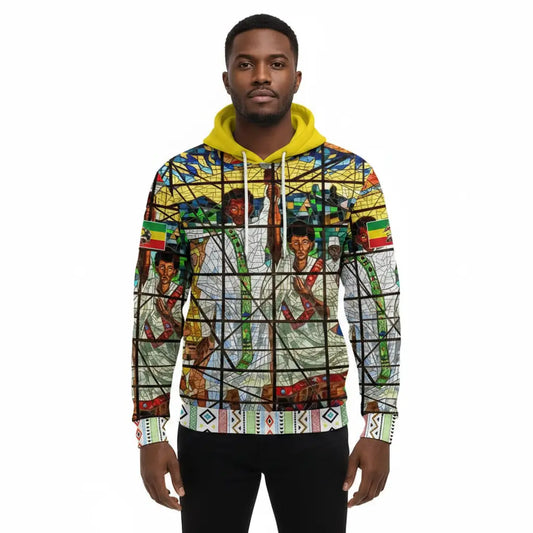 Person wearing a colorful hoodie with artistic design on a white background