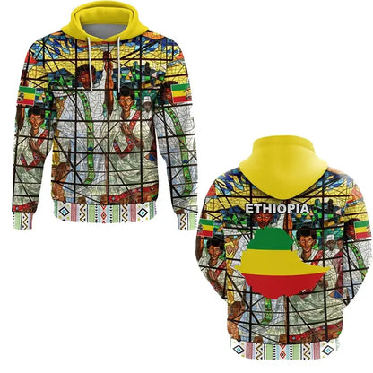 Hoodie with colorful design and 'Ethiopia' text on a white background