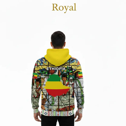 Person wearing a colorful hoodie with 'Ethiopia' text on the back, on a white background.