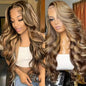 Two views of a woman with long, wavy hair styled in a lace front wig.