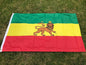 Flag with green, yellow, and red horizontal stripes featuring a lion emblem on grass.