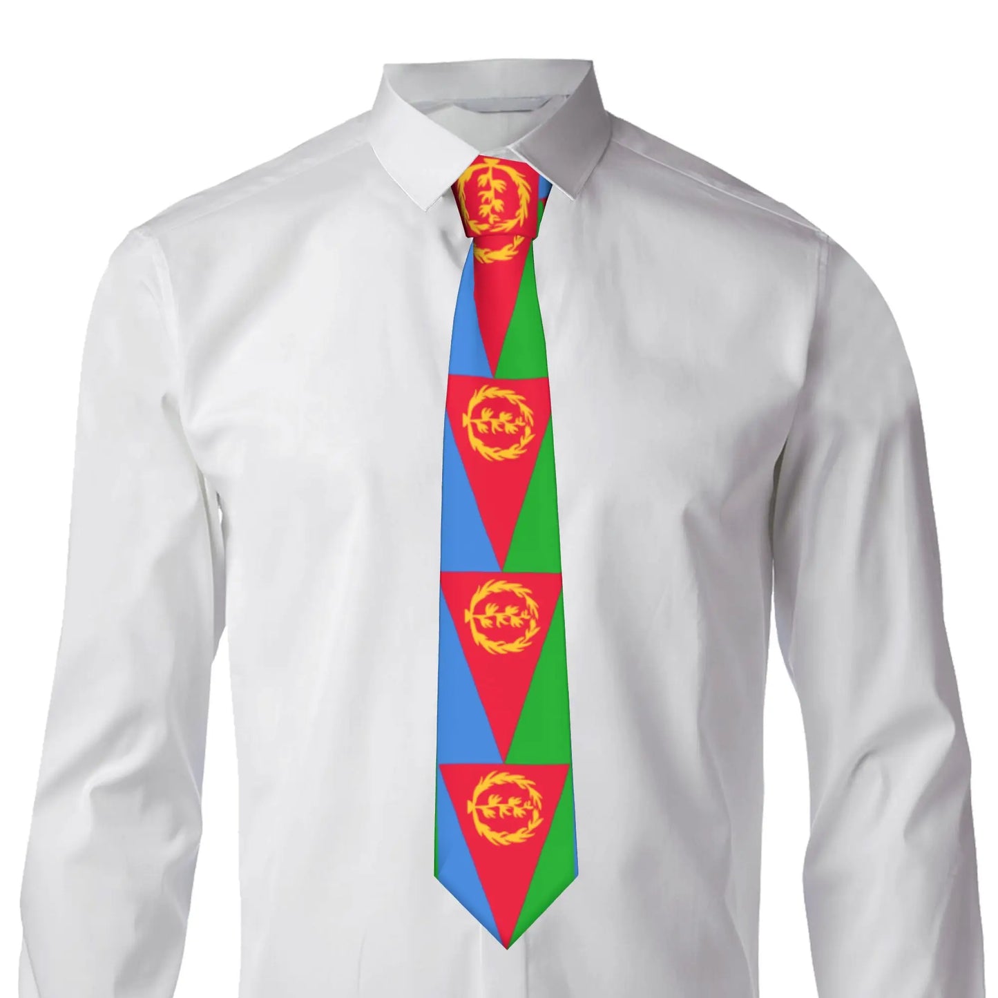 Colorful tie with geometric pattern on a white shirt