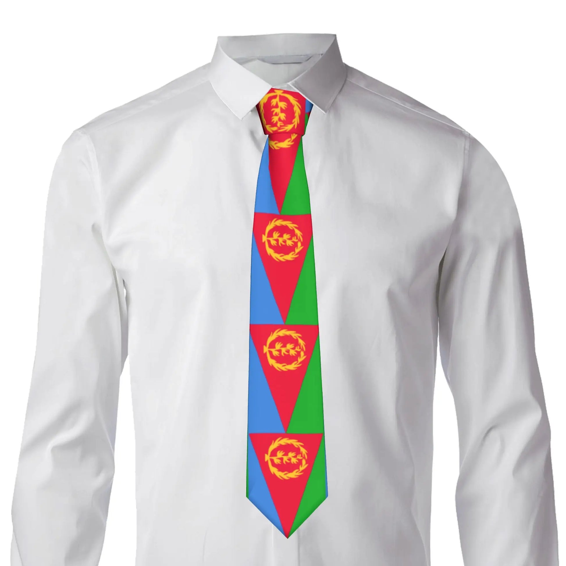 Colorful tie with geometric pattern on a white shirt