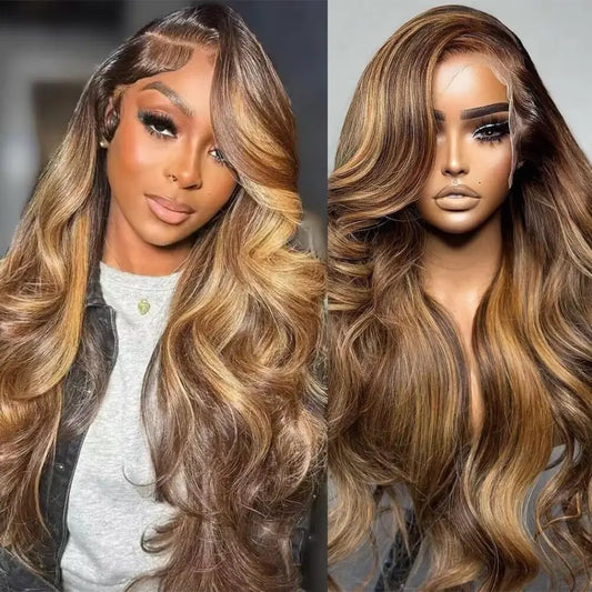 Two models with long, wavy hair styled differently on a neutral background
