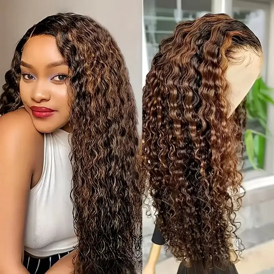 Woman with long curly hair and a close-up of a wig with the same style.