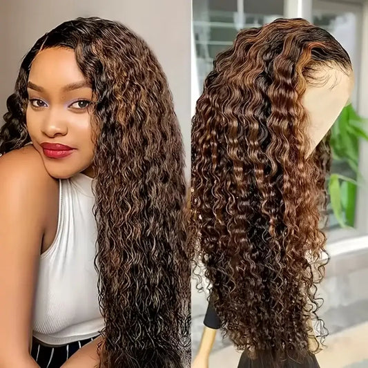 Woman with long curly hair and a close-up of a wig with the same style.