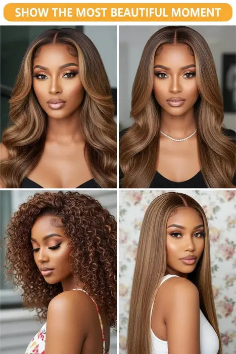 Four images of a woman with different hairstyles against various backgrounds.