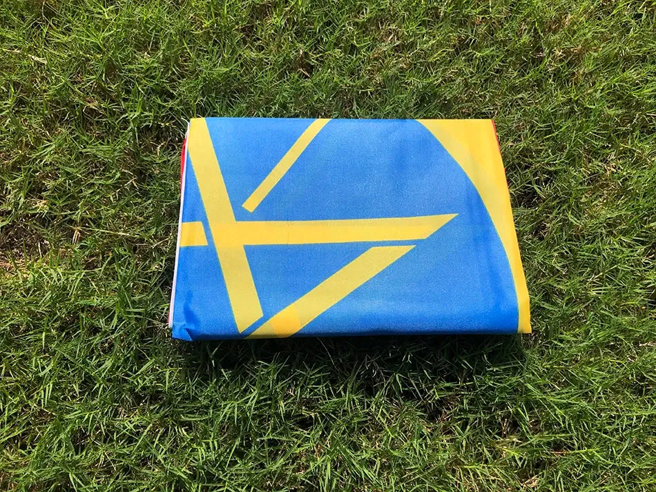 Blue and yellow flag with a cross on grass