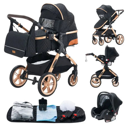 Black and beige baby stroller with accessories on a white background