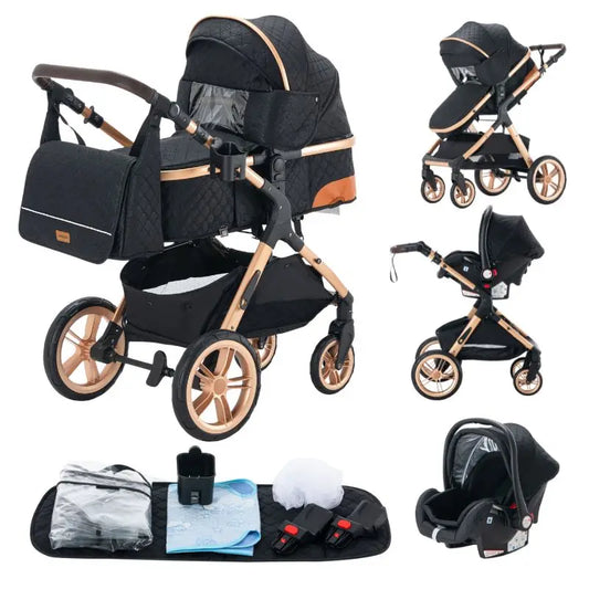 Black and beige baby stroller with accessories on a white background