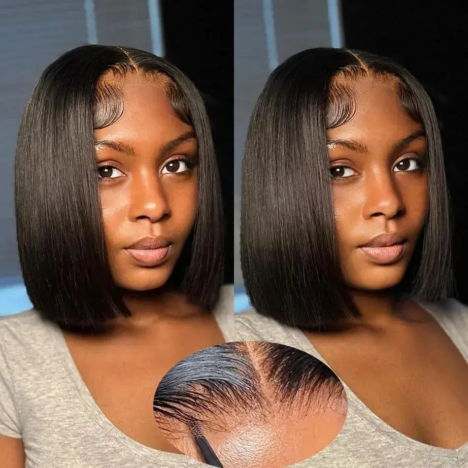Woman with a styled wig and close-up of the hairline.