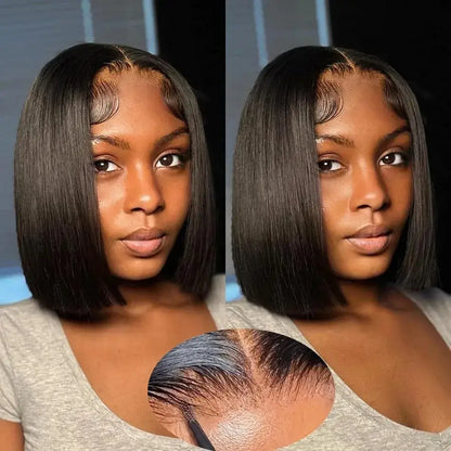Woman with a styled wig and close-up of the hairline.