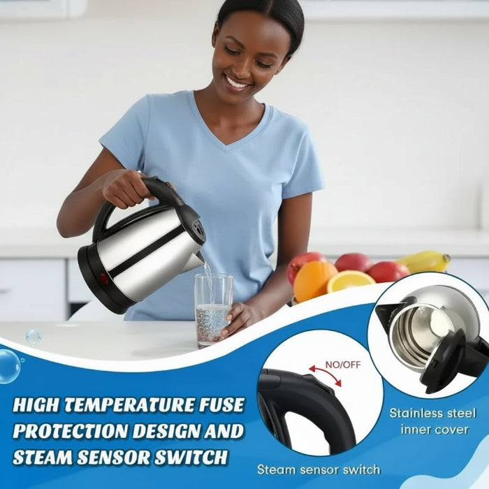 Woman pouring water from a kettle into a glass in a kitchen setting with product details overlay.