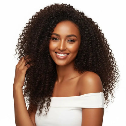 Woman with voluminous curly hair wearing a white off-shoulder top on a white background