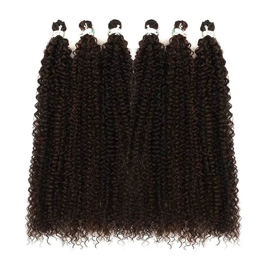 Five bundles of curly hair extensions on a white background