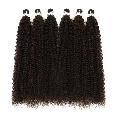 Five bundles of curly hair extensions on a white background