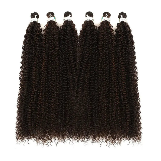 Five bundles of curly hair extensions on a white background