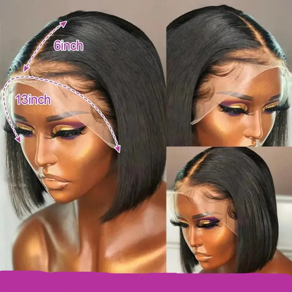 Collage of a wig with measurements and a model wearing it.