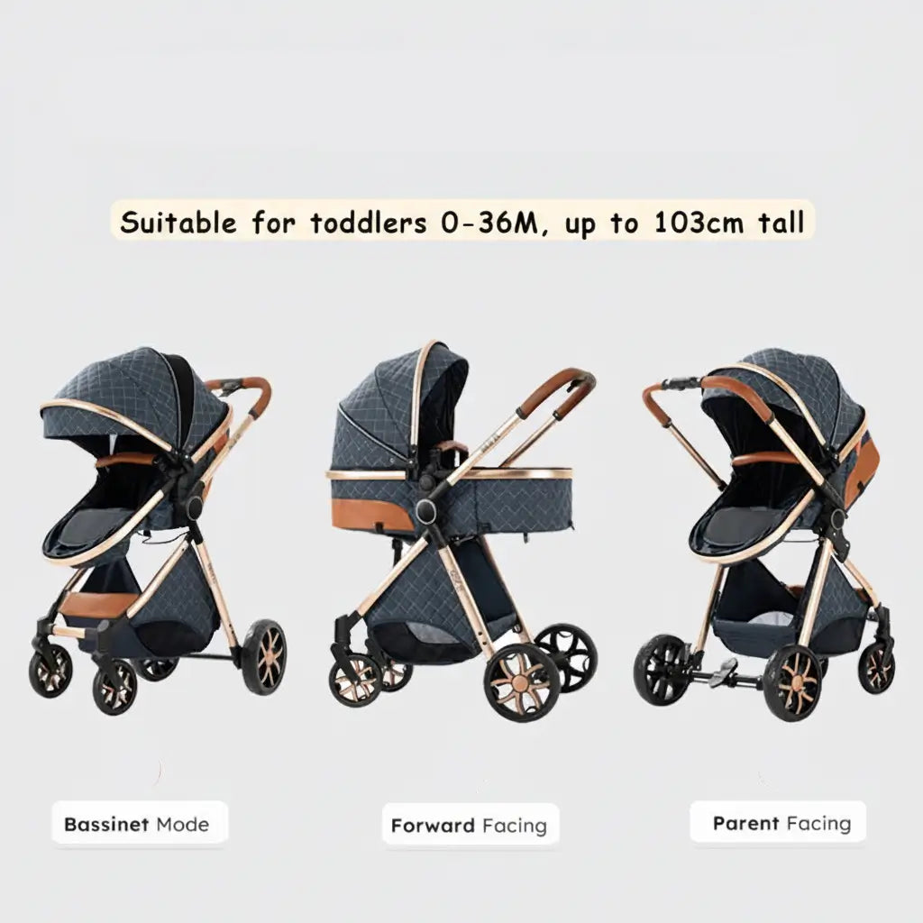 Three views of a stroller showing bassinet mode, forward facing, and parent facing positions on a light gray background.
