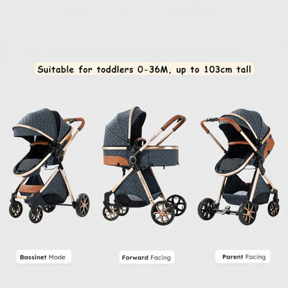 Three views of a stroller showing bassinet mode, forward facing, and parent facing positions on a light gray background.