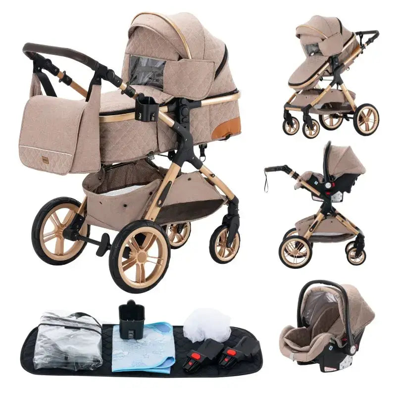 Collage of a beige baby stroller and car seat with various angles on a white background.