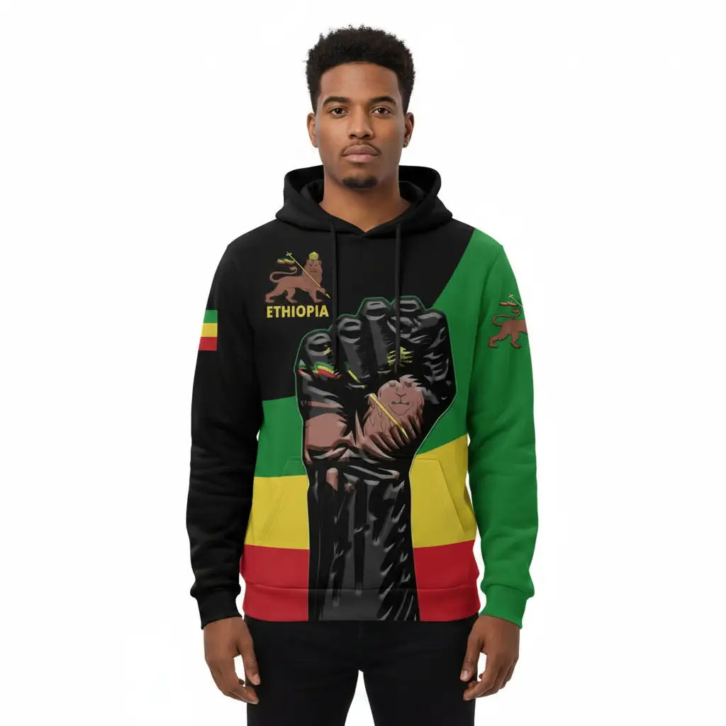 Person wearing a hoodie with a design and text on a white background