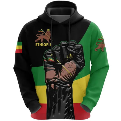 Hoodie with a fist holding a flag design and Ethiopia text on a white background