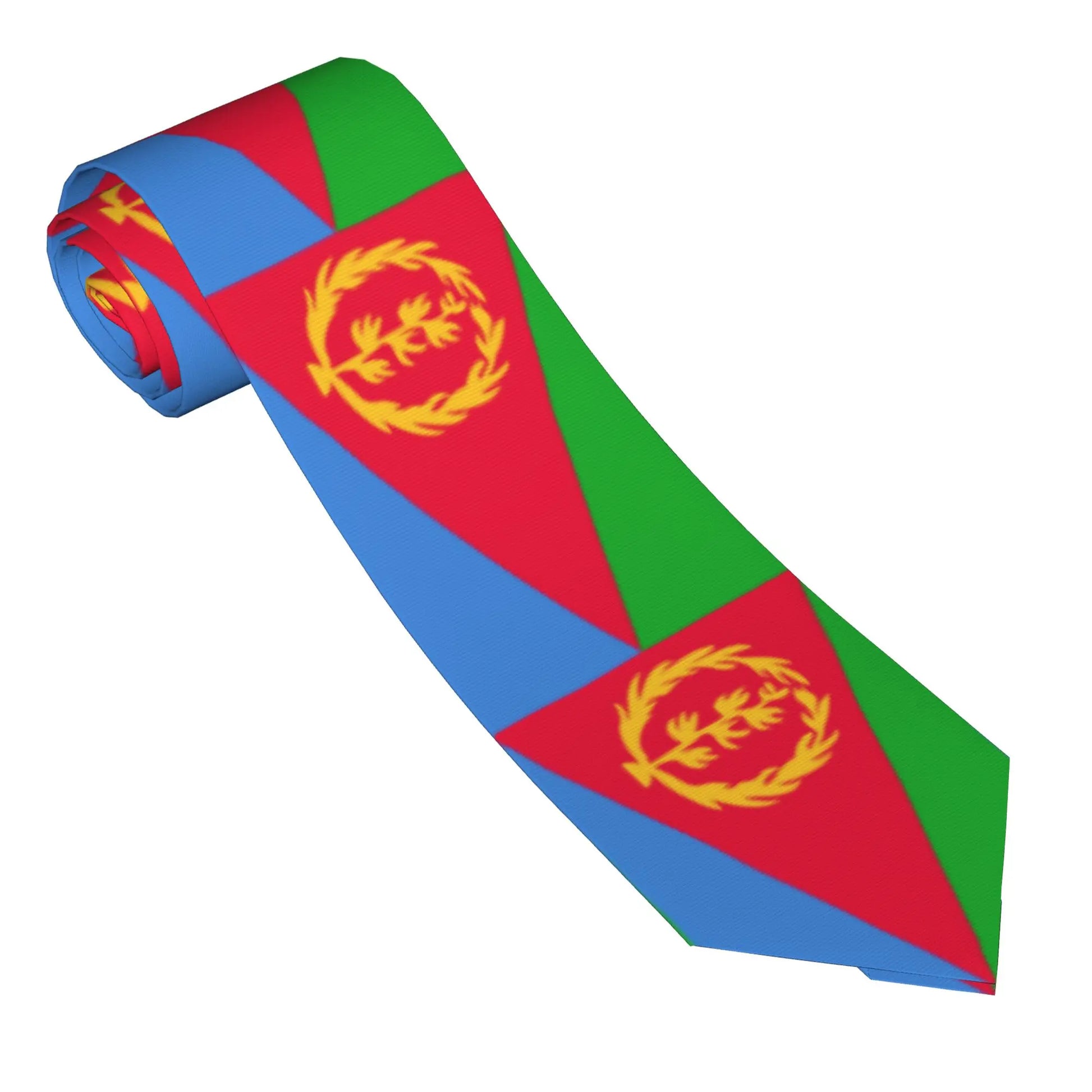 Tie with a geometric pattern featuring red, green, and blue colors on a white background