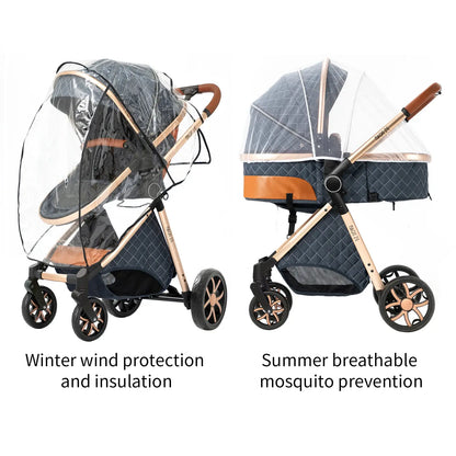 Two strollers with coverings for winter and summer protection on a white background.