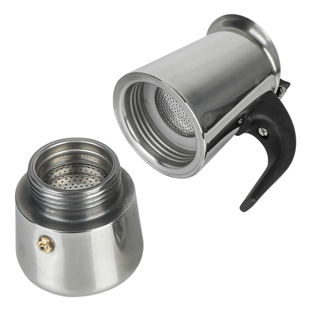 Stainless steel coffee maker with open top on a white background
