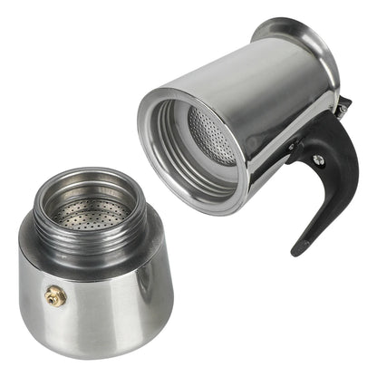 Stainless steel coffee maker with open top on a white background