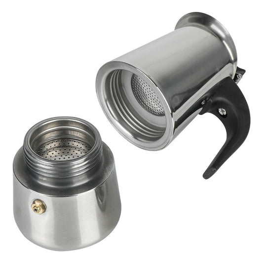 Stainless steel coffee maker with open top on a white background