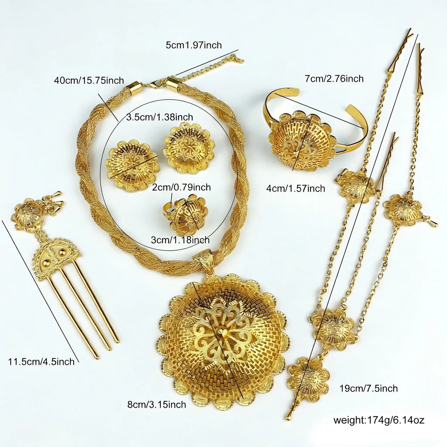 Gold jewelry set with measurements on a white background